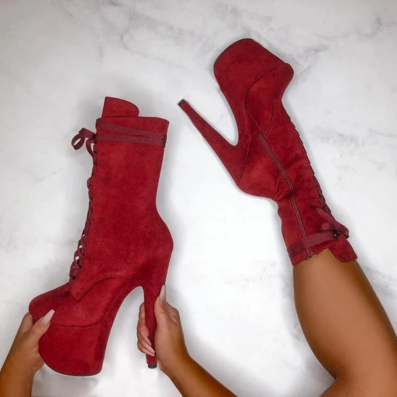 Hella Heels High BabyDoll 7inch Boots - Dark Red 3 Hella Heels High BabyDoll 7inch Boots - Dark Red