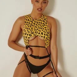 Tops Creatures Of XIX Buckle Up Garter Top - Yellow Leopard