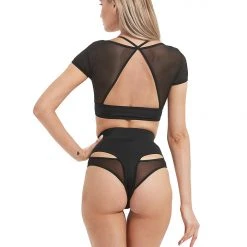 Hamade Activewear Mesh Hollow Front Crop Top - Black