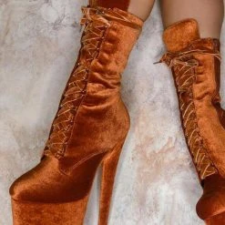 Hella Heels BabyDoll Velvet 8inch Boots - Brandy