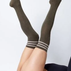 Rolling Over The Knee Socks - Striped Dark Green/Khaki (3 Sizes Available) Accessories