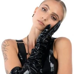 Naughty Thoughts Sinner Vinyl Opera Gloves - Black