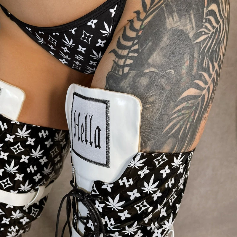 Hella Heels Branded Thigh High 8inch Boots - Black 12 Hella Heels Branded Thigh High 8inch Boots - Black