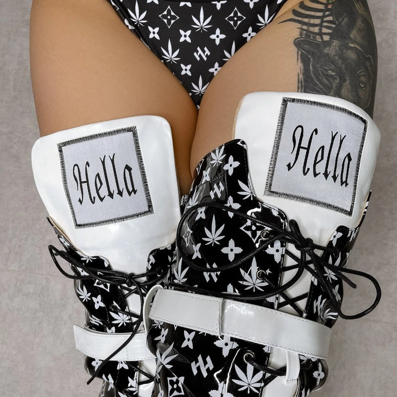 Hella Heels Branded Thigh High 8inch Boots - Black 8 Hella Heels Branded Thigh High 8inch Boots - Black