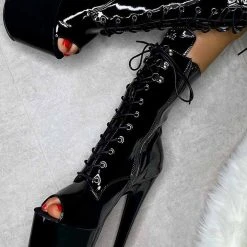 Hella Heels LipKit Open Toe 8inch Boots - Black Beatles