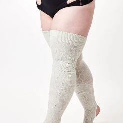 Rolling Cable Knit Thigh High Leg Warmers With Stirrups - Oatmeal Accessories