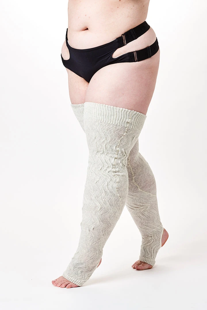 Rolling Cable Knit Thigh High Leg Warmers With Stirrups - Oatmeal Accessories 2 Rolling Cable Knit Thigh High Leg Warmers With Stirrups - Oatmeal Accessories