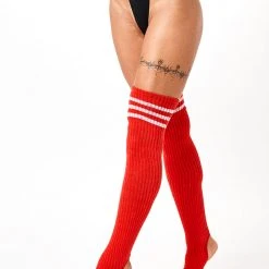 Rolling Thigh High Leg Warmers With Stirrups - Striped Red/White Accessories