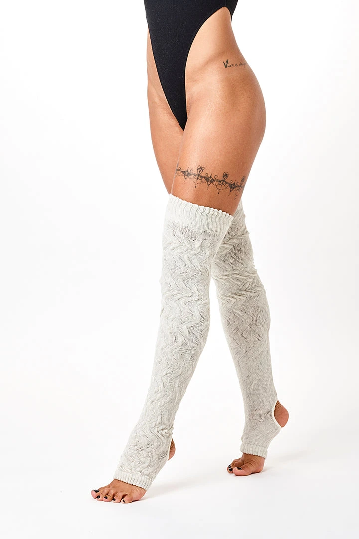 Rolling Cable Knit Thigh High Leg Warmers With Stirrups - Oatmeal Accessories 1 Rolling Cable Knit Thigh High Leg Warmers With Stirrups - Oatmeal Accessories