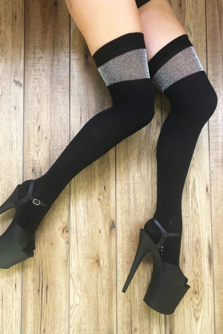 Rolling Over The Knee Socks - Black With Silver Lurex Band Accessories 3 Rolling Over The Knee Socks - Black With Silver Lurex Band Accessories