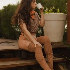 Rolling Cable Knit Thigh High Leg Warmers With Stirrups - Terra Accessories