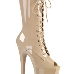 Pleaser USA Flamingo-1051 8inch Peep Toe Pleaser Boots - Patent Beige Shoes